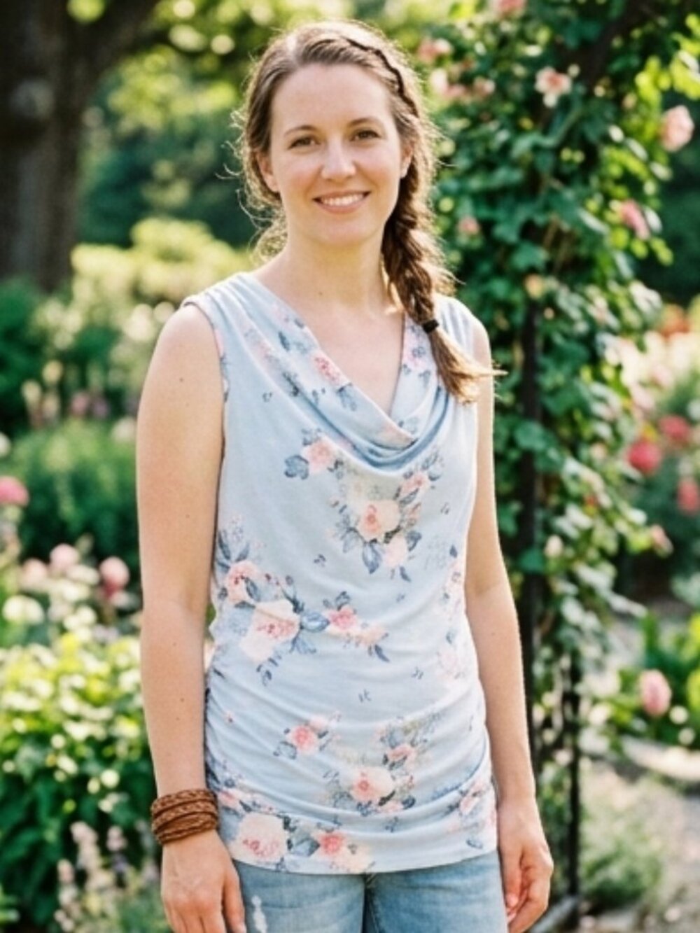 Suzy Shier Floral Light Blue and Pink Romantic Top with Gathered Sides